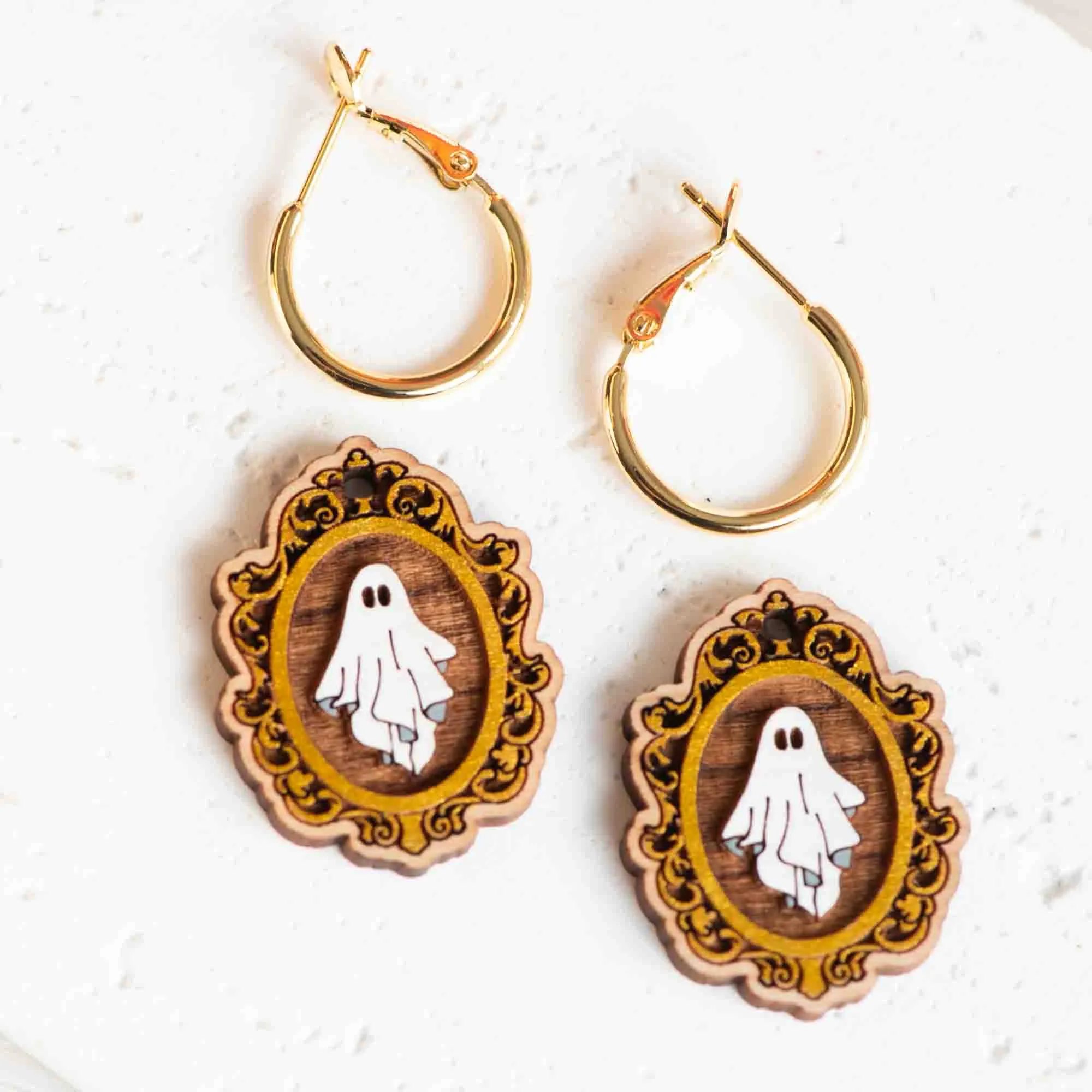 Hand-Painted Oval Ghost Hoop Earrings - PET15284H