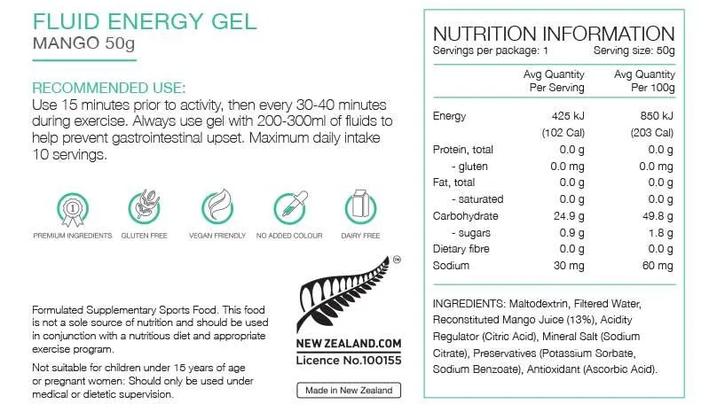 PURE Fluid Energy Gels - Mango 50G